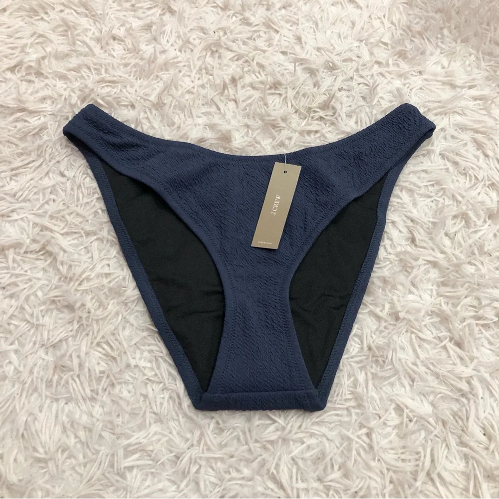 J Crew‎ Textured Curved Waist Cheeky Bikini Bottom BC050 Navy Blue